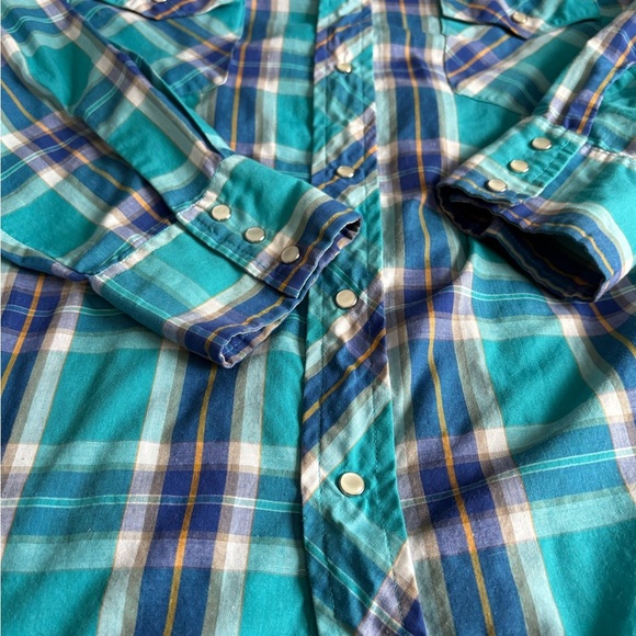 Vintage Mens Western Shirt, Wrangler Light Blue & Yellow Plaid Mens L - Picture 2 of 7